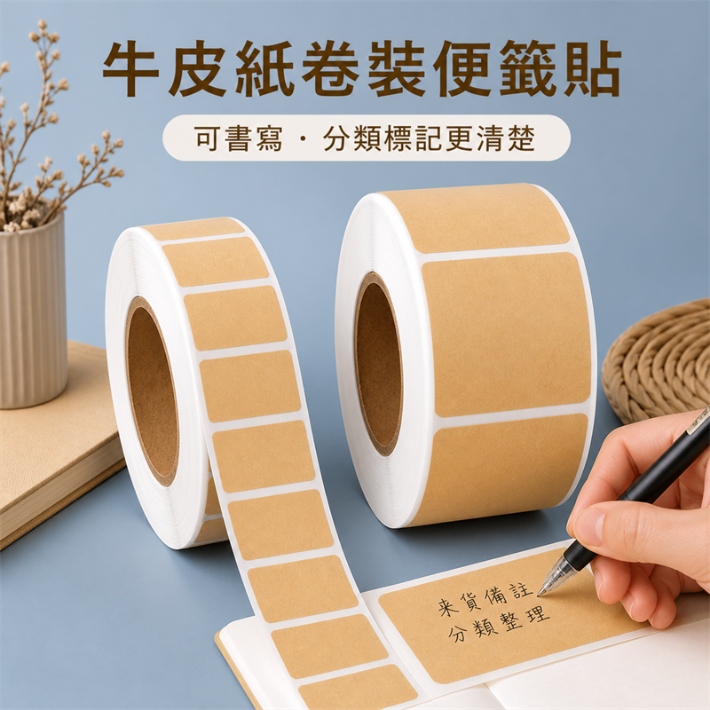 牛皮紙空白標籤貼｜可書寫分類備註貼｜卷裝不乾膠便條貼紙