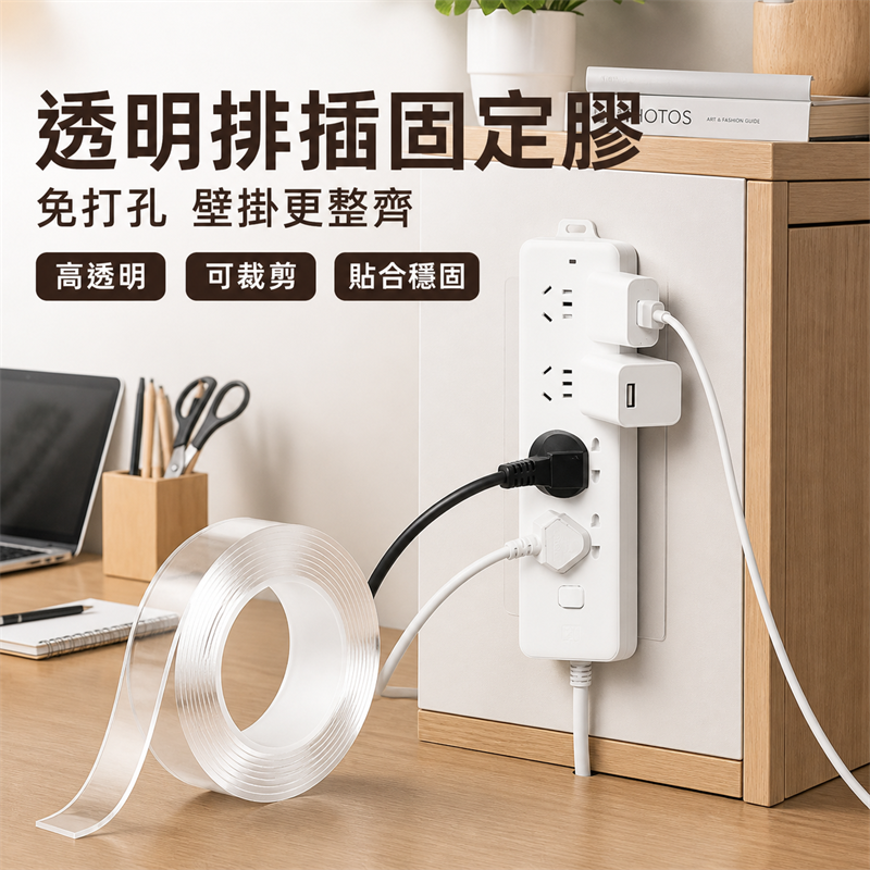 免打孔拖板固定器｜壁掛式排插插座收納架｜自黏無痕牆貼