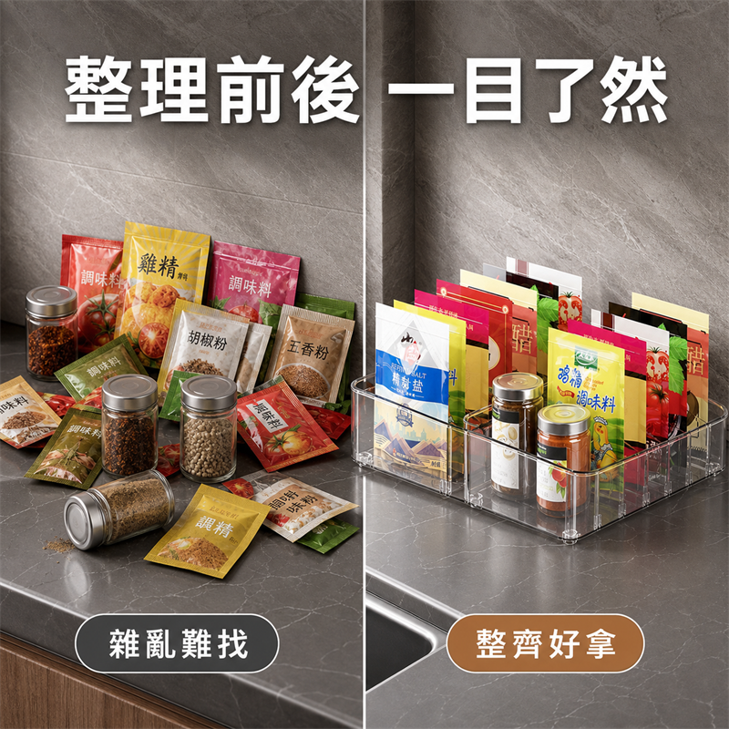 廚房調味料收納盒｜輕奢枱面香料置物架｜袋裝調味品整理架