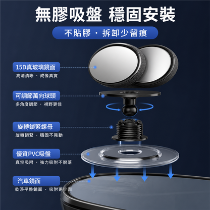 汽車倒車小圓鏡｜360度可調盲點輔助鏡｜吸盤式後視鏡