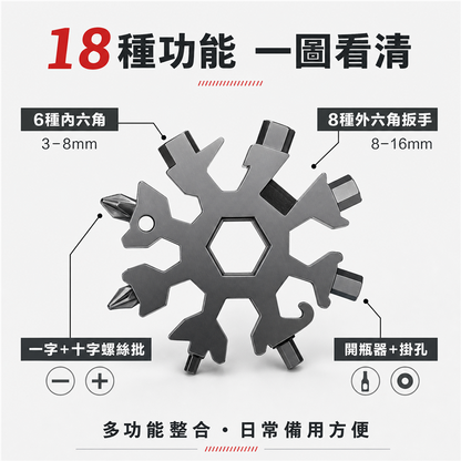 多功能雪花扳手匙扣｜高碳鋼八角內六角工具｜便攜式迷你扳手